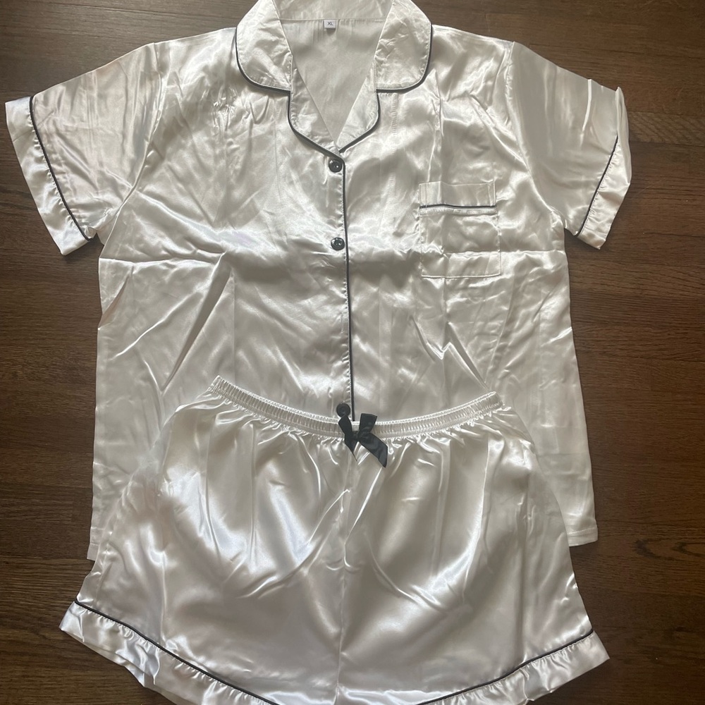 SHEIN White Satin Pajama Set with Black Trim